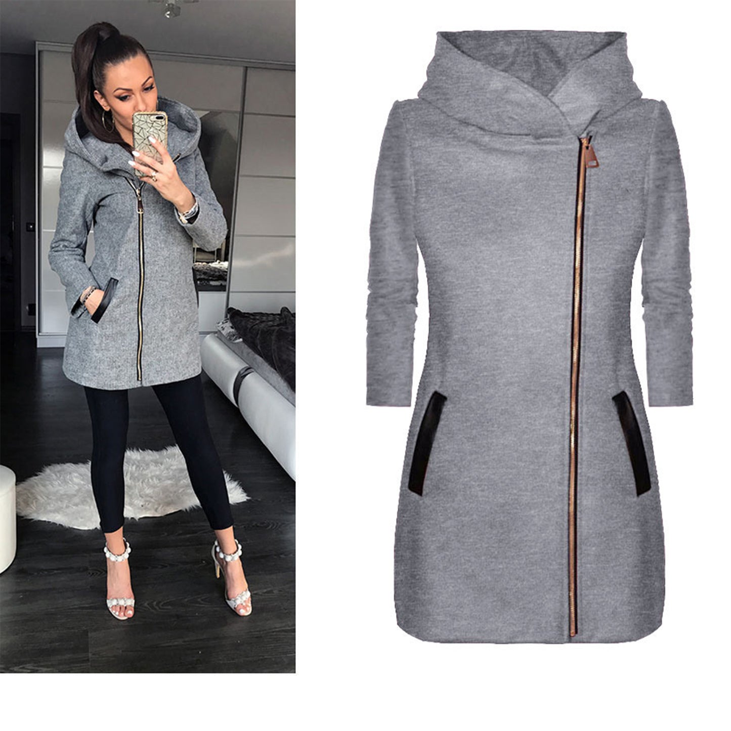 Women’s Winter & Spring Mid-Length Hooded Jacket – Solid Color, Zipper Closure