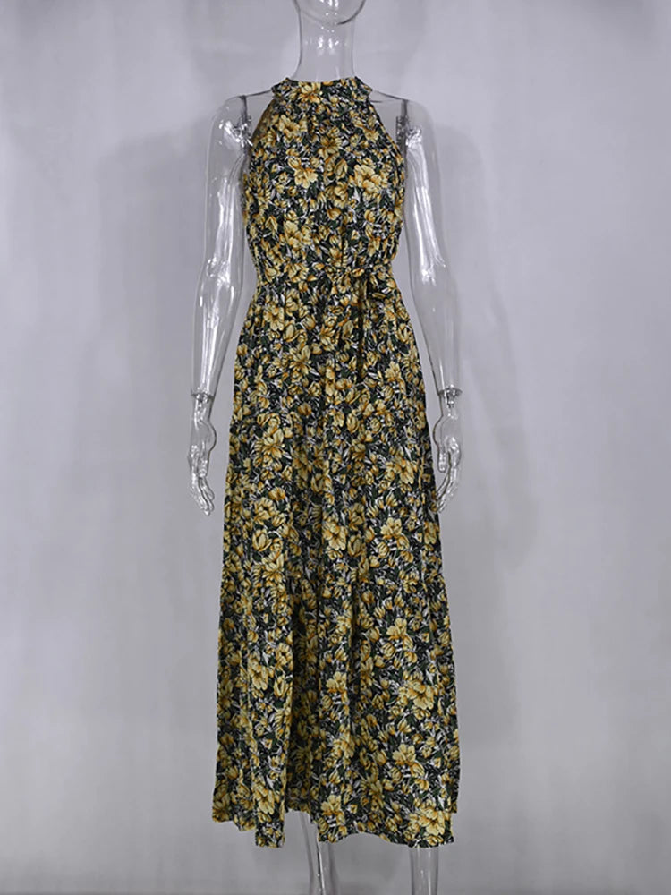 Fitshinling Bohemian Summer Maxi Dress Women Polka Dot Sleeveless Sundress Slim A Line Vintage Long Dresses Holiday Vestidos New