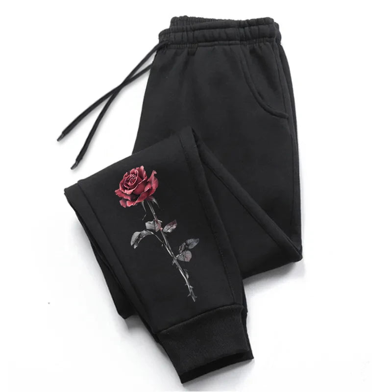 Rose Printed Trousers for Women Autumn Winter High Quality Drawstring Soft Jogger Pants Daily Casual Sports Versatile Sweatpants