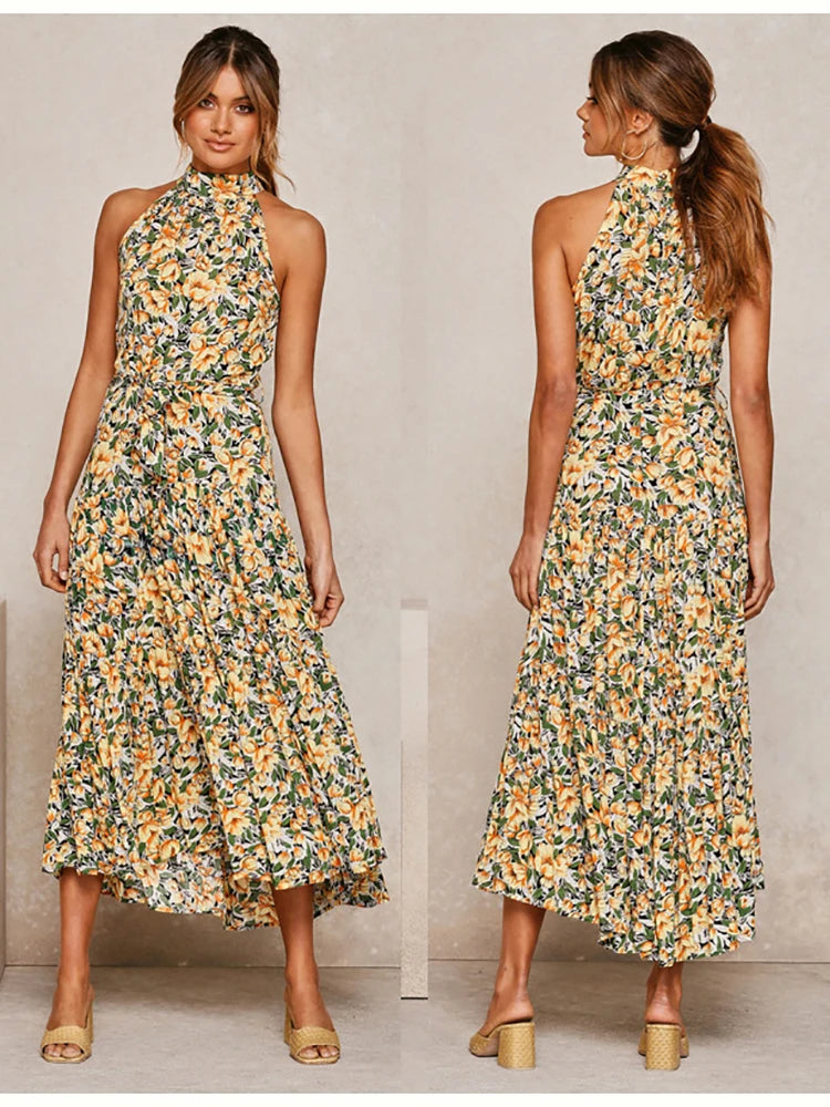 Fitshinling Bohemian Summer Maxi Dress Women Polka Dot Sleeveless Sundress Slim A Line Vintage Long Dresses Holiday Vestidos New