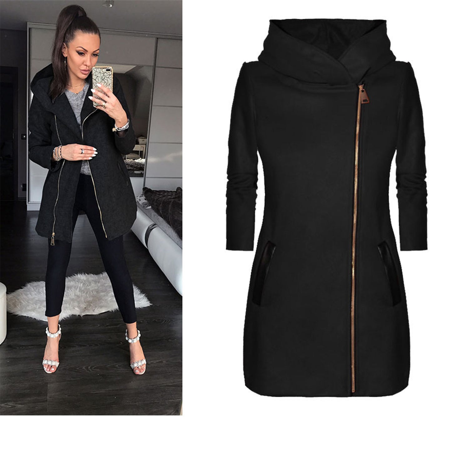 Women’s Winter & Spring Mid-Length Hooded Jacket – Solid Color, Zipper Closure