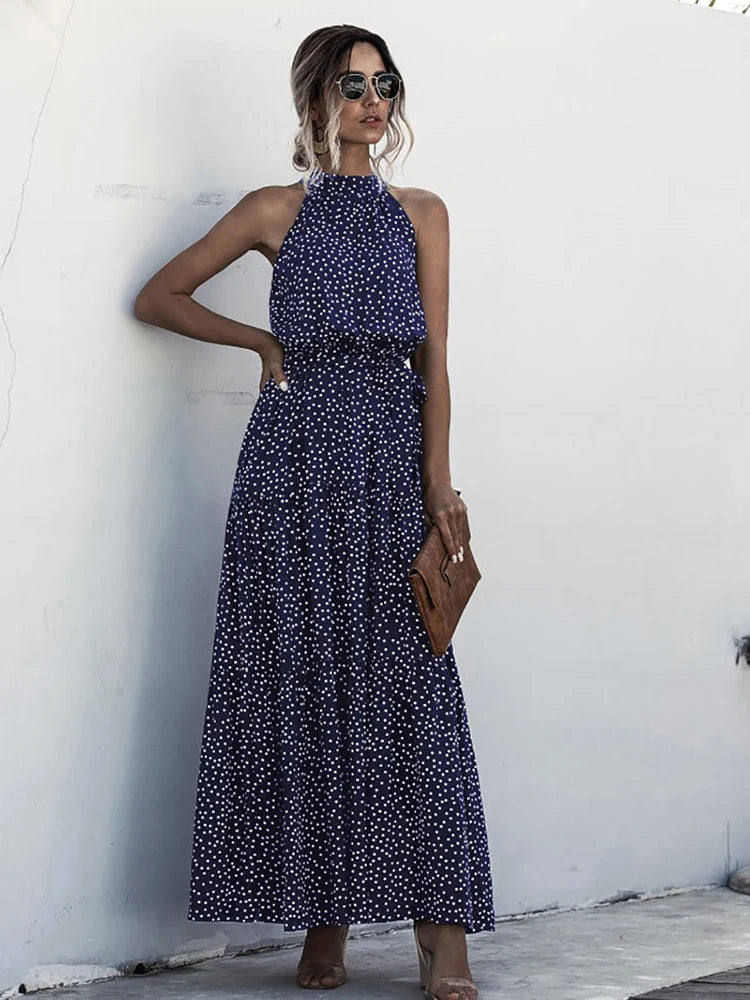 Fitshinling Bohemian Summer Maxi Dress Women Polka Dot Sleeveless Sundress Slim A Line Vintage Long Dresses Holiday Vestidos New