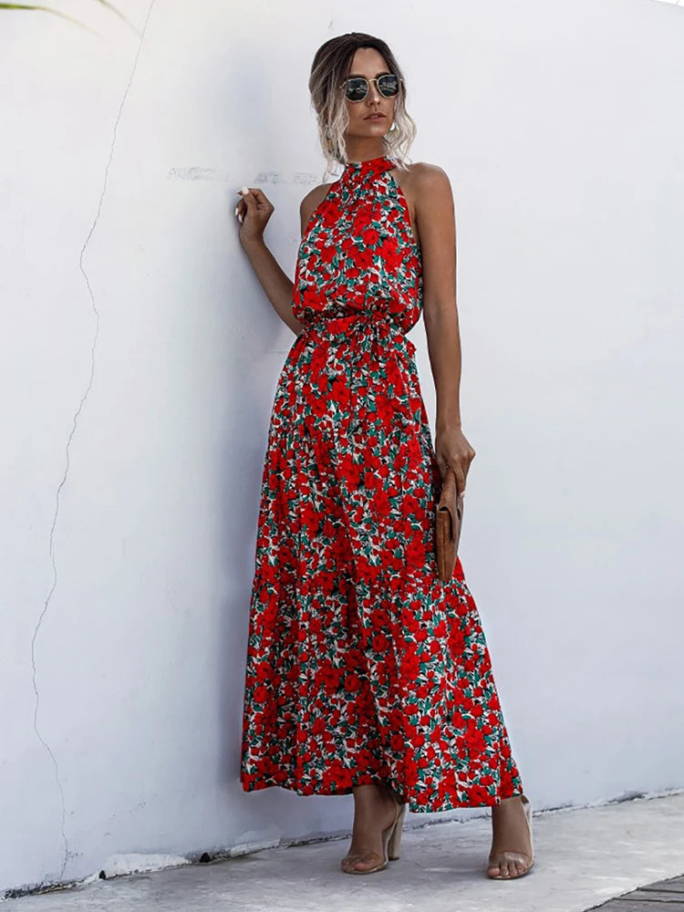 Fitshinling Bohemian Summer Maxi Dress Women Polka Dot Sleeveless Sundress Slim A Line Vintage Long Dresses Holiday Vestidos New