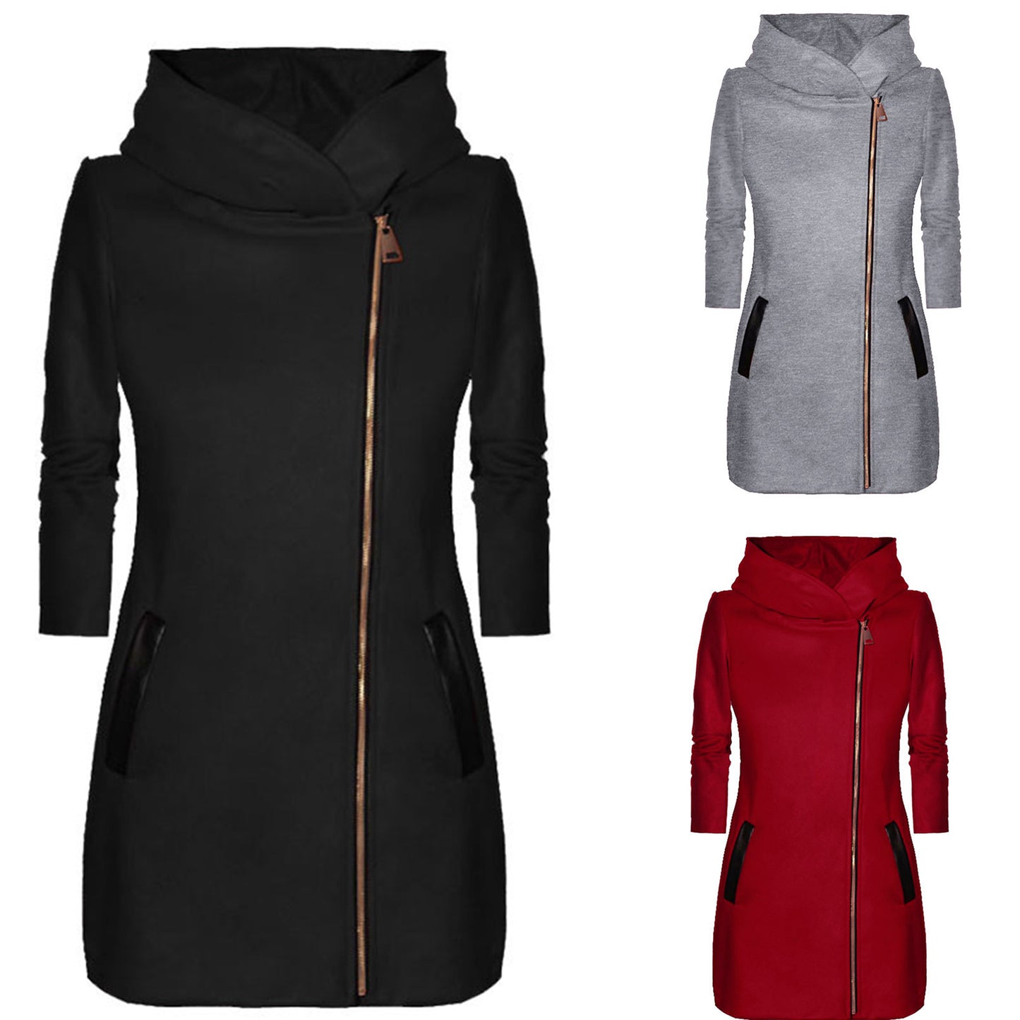 Women’s Winter & Spring Mid-Length Hooded Jacket – Solid Color, Zipper Closure