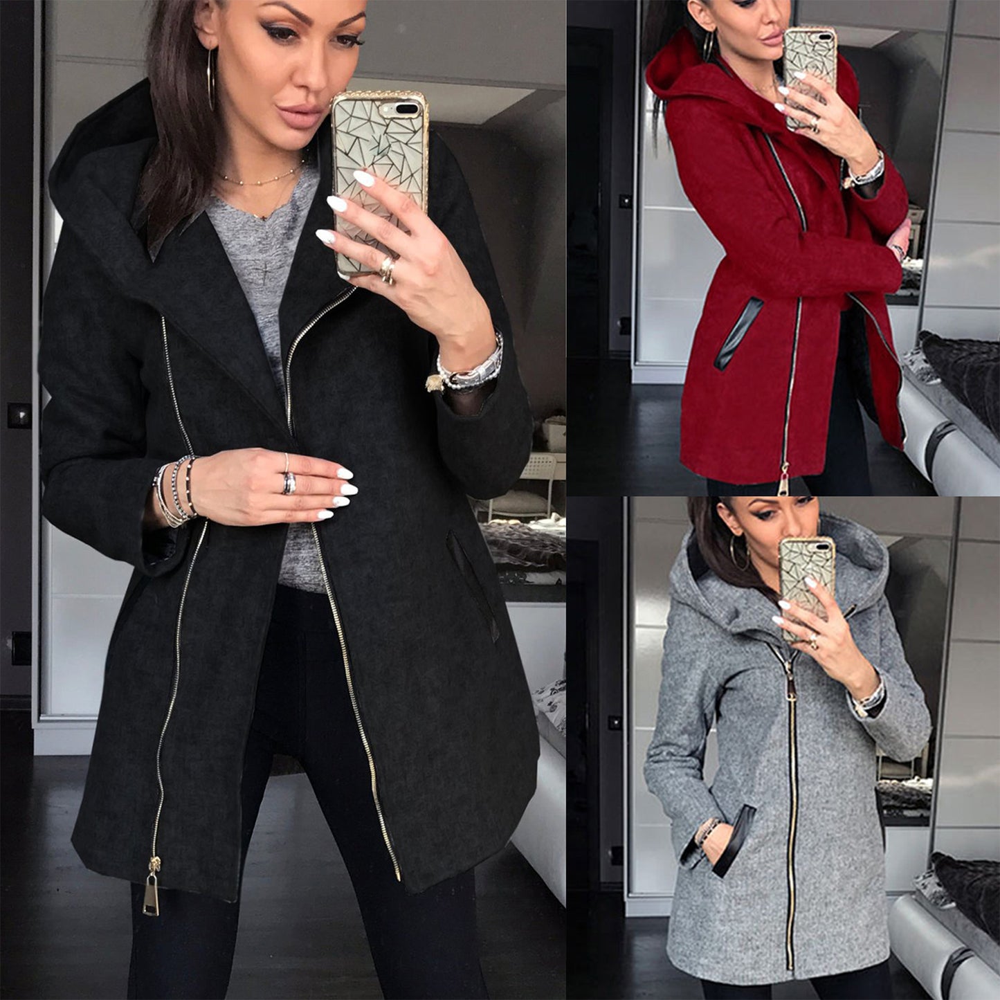 Women’s Winter & Spring Mid-Length Hooded Jacket – Solid Color, Zipper Closure