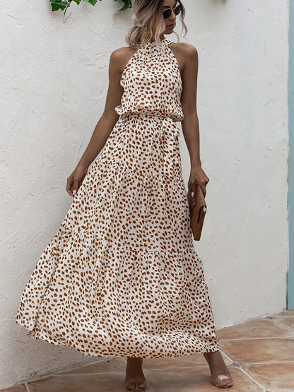 Fitshinling Bohemian Summer Maxi Dress Women Polka Dot Sleeveless Sundress Slim A Line Vintage Long Dresses Holiday Vestidos New