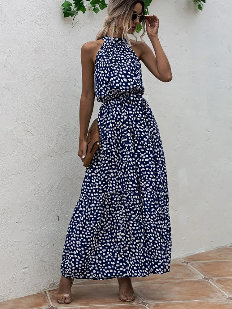 Fitshinling Bohemian Summer Maxi Dress Women Polka Dot Sleeveless Sundress Slim A Line Vintage Long Dresses Holiday Vestidos New