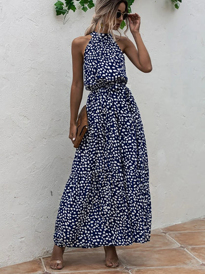 Fitshinling Bohemian Summer Maxi Dress Women Polka Dot Sleeveless Sundress Slim A Line Vintage Long Dresses Holiday Vestidos New