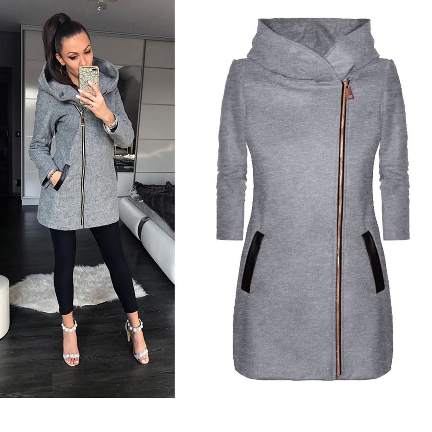Women’s Winter & Spring Mid-Length Hooded Jacket – Solid Color, Zipper Closure