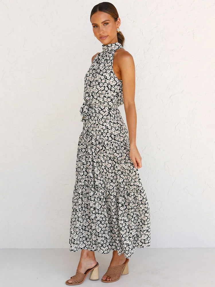 Fitshinling Bohemian Summer Maxi Dress Women Polka Dot Sleeveless Sundress Slim A Line Vintage Long Dresses Holiday Vestidos New