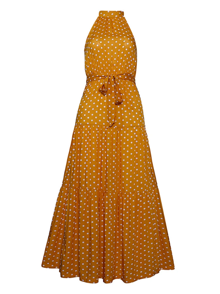 Fitshinling Bohemian Summer Maxi Dress Women Polka Dot Sleeveless Sundress Slim A Line Vintage Long Dresses Holiday Vestidos New