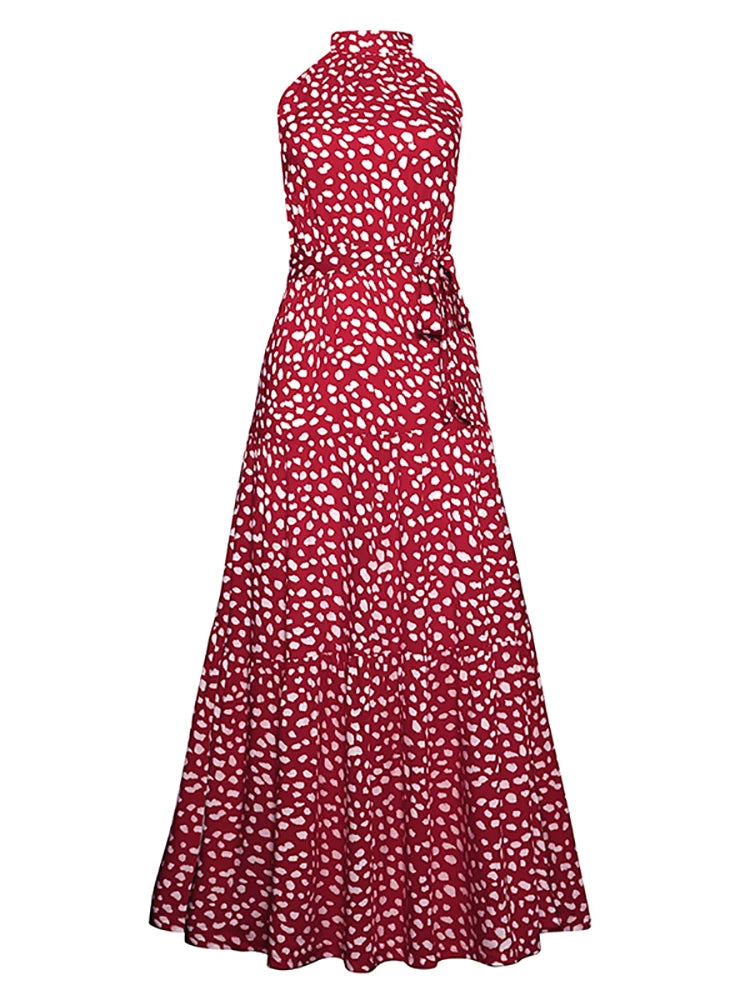 Fitshinling Bohemian Summer Maxi Dress Women Polka Dot Sleeveless Sundress Slim A Line Vintage Long Dresses Holiday Vestidos New