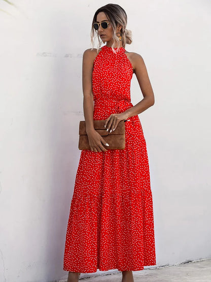 Fitshinling Bohemian Summer Maxi Dress Women Polka Dot Sleeveless Sundress Slim A Line Vintage Long Dresses Holiday Vestidos New
