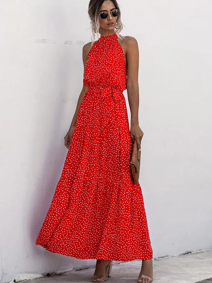 Fitshinling Bohemian Summer Maxi Dress Women Polka Dot Sleeveless Sundress Slim A Line Vintage Long Dresses Holiday Vestidos New