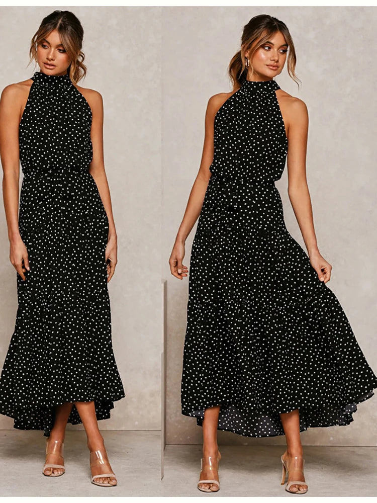 Fitshinling Bohemian Summer Maxi Dress Women Polka Dot Sleeveless Sundress Slim A Line Vintage Long Dresses Holiday Vestidos New