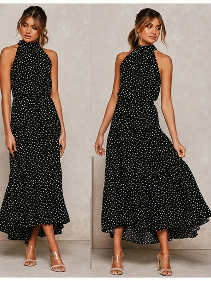 Fitshinling Bohemian Summer Maxi Dress Women Polka Dot Sleeveless Sundress Slim A Line Vintage Long Dresses Holiday Vestidos New