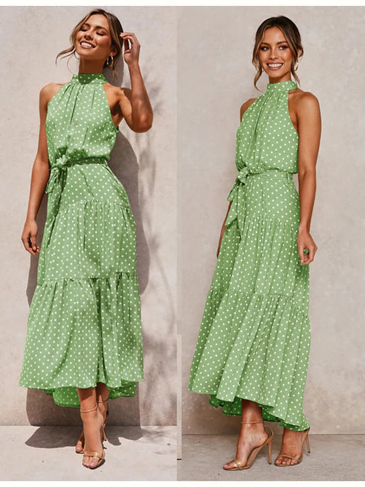 Fitshinling Bohemian Summer Maxi Dress Women Polka Dot Sleeveless Sundress Slim A Line Vintage Long Dresses Holiday Vestidos New