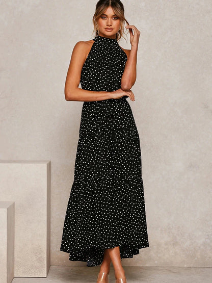Fitshinling Bohemian Summer Maxi Dress Women Polka Dot Sleeveless Sundress Slim A Line Vintage Long Dresses Holiday Vestidos New