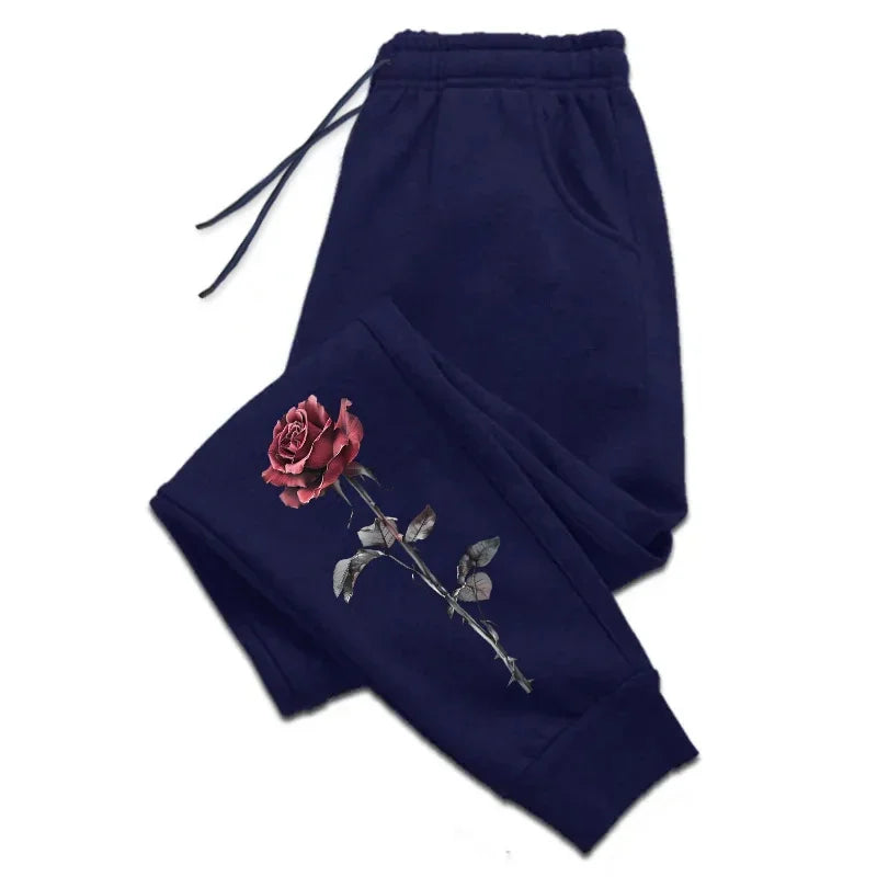 Rose Printed Trousers for Women Autumn Winter High Quality Drawstring Soft Jogger Pants Daily Casual Sports Versatile Sweatpants