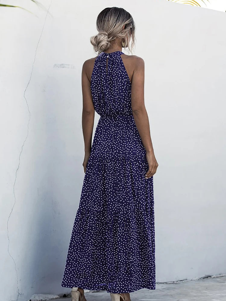 Fitshinling Bohemian Summer Maxi Dress Women Polka Dot Sleeveless Sundress Slim A Line Vintage Long Dresses Holiday Vestidos New