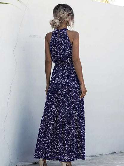 Fitshinling Bohemian Summer Maxi Dress Women Polka Dot Sleeveless Sundress Slim A Line Vintage Long Dresses Holiday Vestidos New