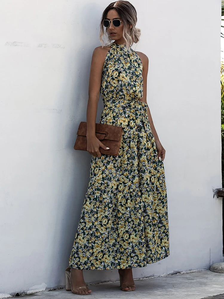 Fitshinling Bohemian Summer Maxi Dress Women Polka Dot Sleeveless Sundress Slim A Line Vintage Long Dresses Holiday Vestidos New