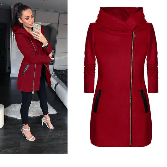 Women’s Winter & Spring Mid-Length Hooded Jacket – Solid Color, Zipper Closure