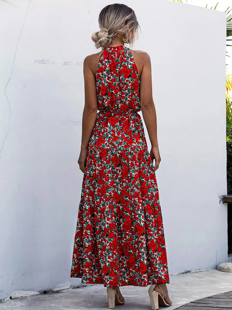 Fitshinling Bohemian Summer Maxi Dress Women Polka Dot Sleeveless Sundress Slim A Line Vintage Long Dresses Holiday Vestidos New