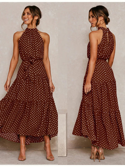 Fitshinling Bohemian Summer Maxi Dress Women Polka Dot Sleeveless Sundress Slim A Line Vintage Long Dresses Holiday Vestidos New