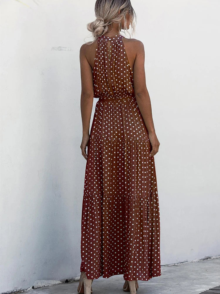Fitshinling Bohemian Summer Maxi Dress Women Polka Dot Sleeveless Sundress Slim A Line Vintage Long Dresses Holiday Vestidos New