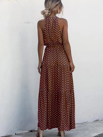 Fitshinling Bohemian Summer Maxi Dress Women Polka Dot Sleeveless Sundress Slim A Line Vintage Long Dresses Holiday Vestidos New