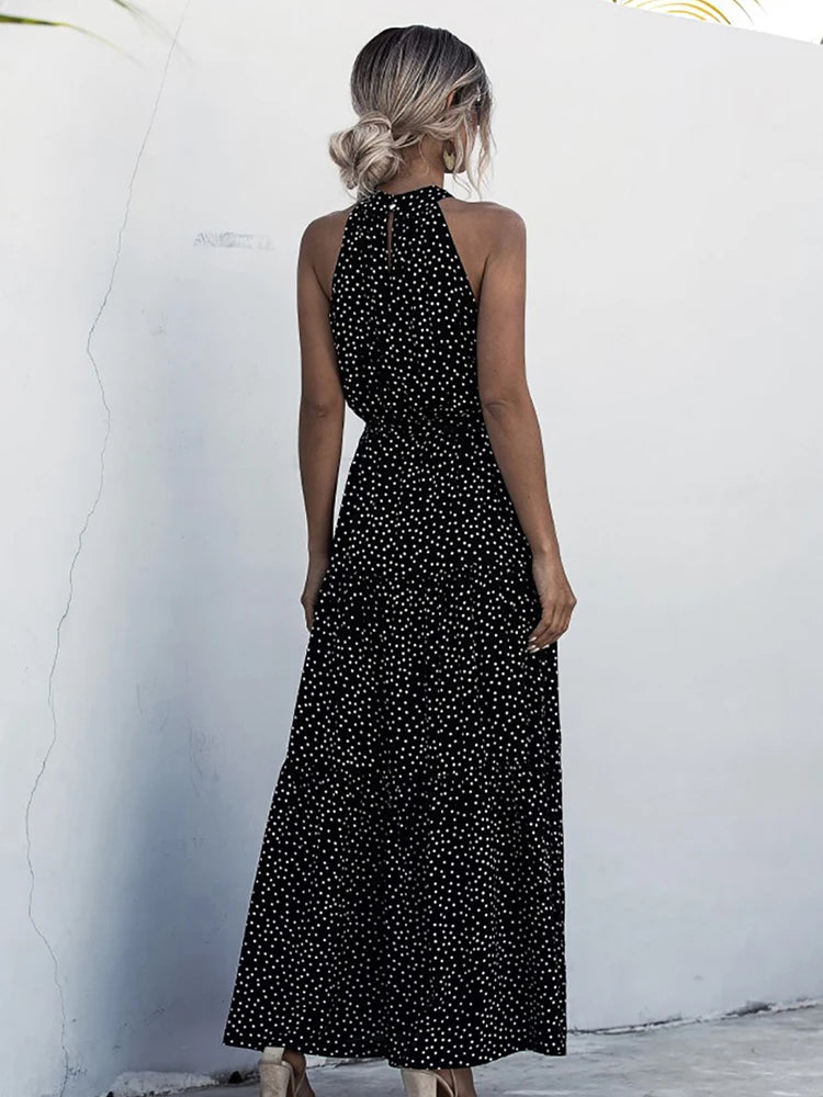 Fitshinling Bohemian Summer Maxi Dress Women Polka Dot Sleeveless Sundress Slim A Line Vintage Long Dresses Holiday Vestidos New