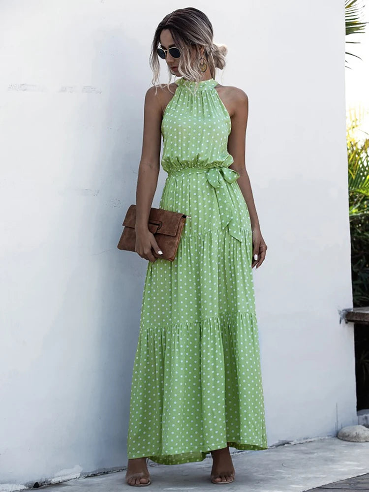Fitshinling Bohemian Summer Maxi Dress Women Polka Dot Sleeveless Sundress Slim A Line Vintage Long Dresses Holiday Vestidos New