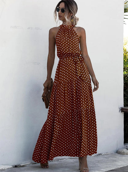 Fitshinling Bohemian Summer Maxi Dress Women Polka Dot Sleeveless Sundress Slim A Line Vintage Long Dresses Holiday Vestidos New