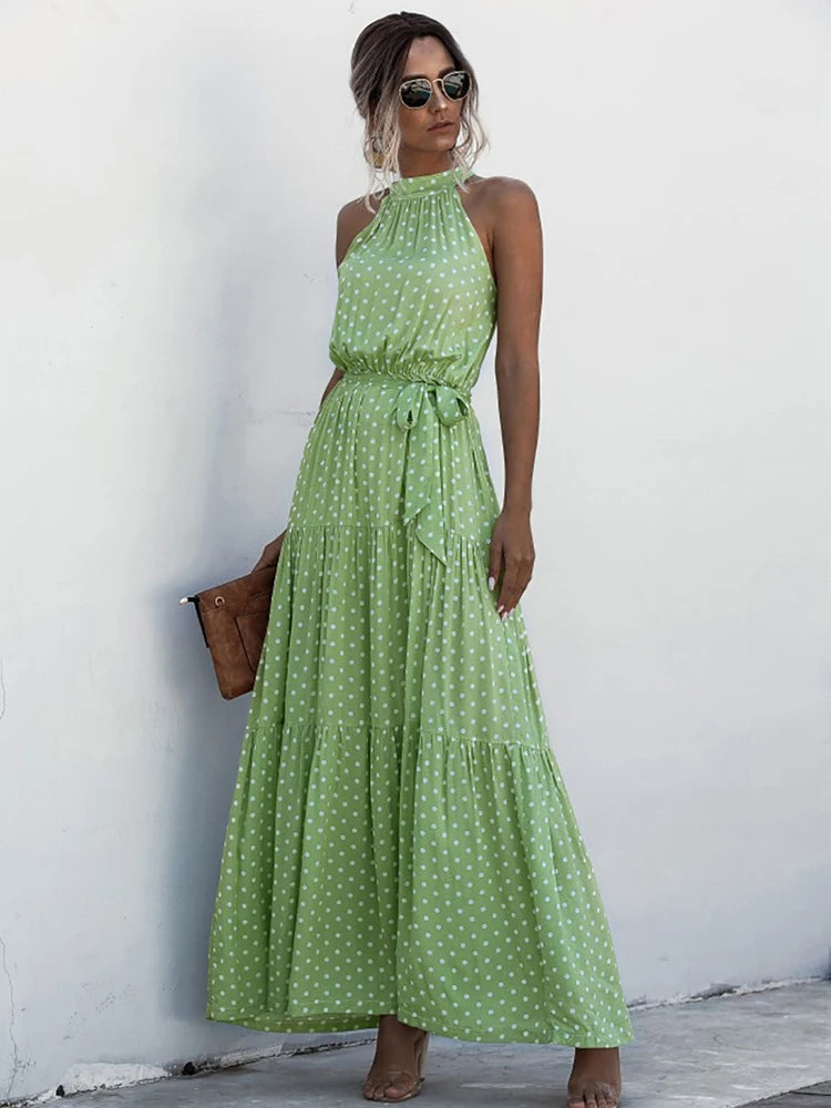 Fitshinling Bohemian Summer Maxi Dress Women Polka Dot Sleeveless Sundress Slim A Line Vintage Long Dresses Holiday Vestidos New