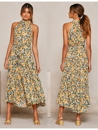 Fitshinling Bohemian Summer Maxi Dress Women Polka Dot Sleeveless Sundress Slim A Line Vintage Long Dresses Holiday Vestidos New