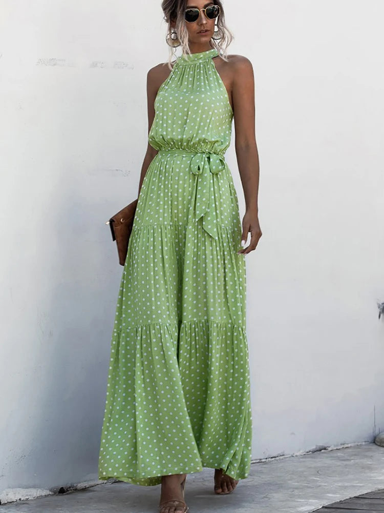 Fitshinling Bohemian Summer Maxi Dress Women Polka Dot Sleeveless Sundress Slim A Line Vintage Long Dresses Holiday Vestidos New