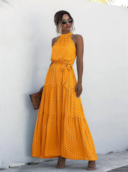 Fitshinling Bohemian Summer Maxi Dress Women Polka Dot Sleeveless Sundress Slim A Line Vintage Long Dresses Holiday Vestidos New