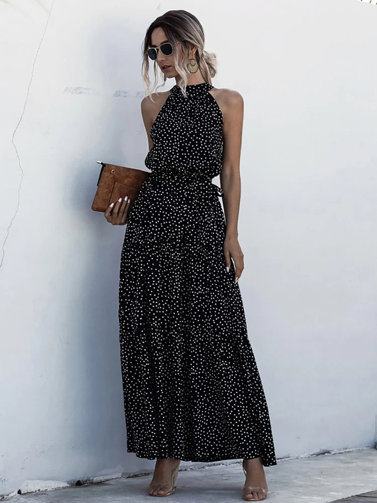 Fitshinling Bohemian Summer Maxi Dress Women Polka Dot Sleeveless Sundress Slim A Line Vintage Long Dresses Holiday Vestidos New
