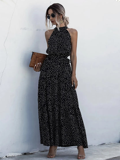 Fitshinling Bohemian Summer Maxi Dress Women Polka Dot Sleeveless Sundress Slim A Line Vintage Long Dresses Holiday Vestidos New