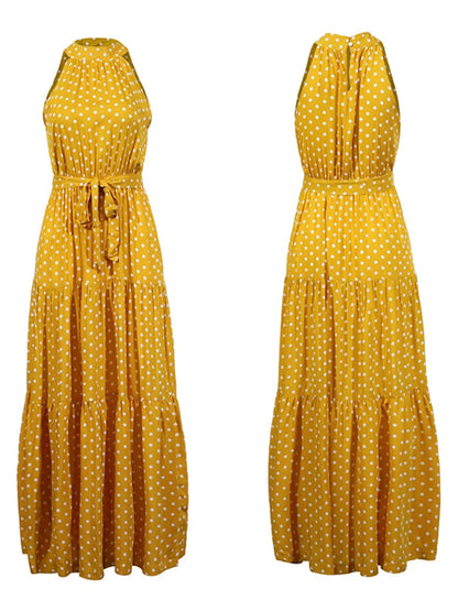 Fitshinling Bohemian Summer Maxi Dress Women Polka Dot Sleeveless Sundress Slim A Line Vintage Long Dresses Holiday Vestidos New