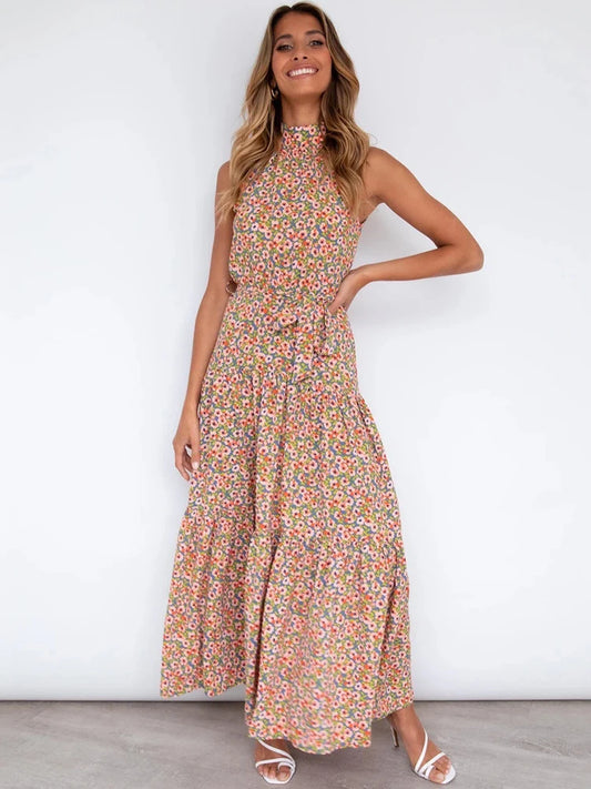 Fitshinling Bohemian Summer Maxi Dress Women Polka Dot Sleeveless Sundress Slim A Line Vintage Long Dresses Holiday Vestidos New