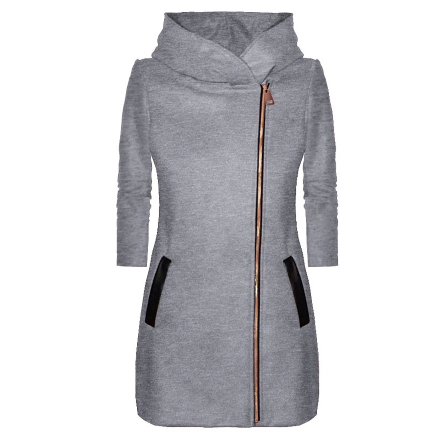 Women’s Winter & Spring Mid-Length Hooded Jacket – Solid Color, Zipper Closure