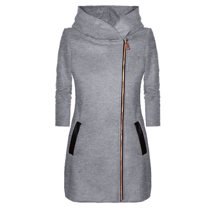 Women’s Winter & Spring Mid-Length Hooded Jacket – Solid Color, Zipper Closure