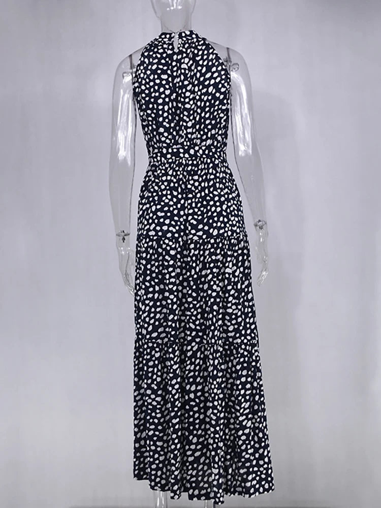 Fitshinling Bohemian Summer Maxi Dress Women Polka Dot Sleeveless Sundress Slim A Line Vintage Long Dresses Holiday Vestidos New