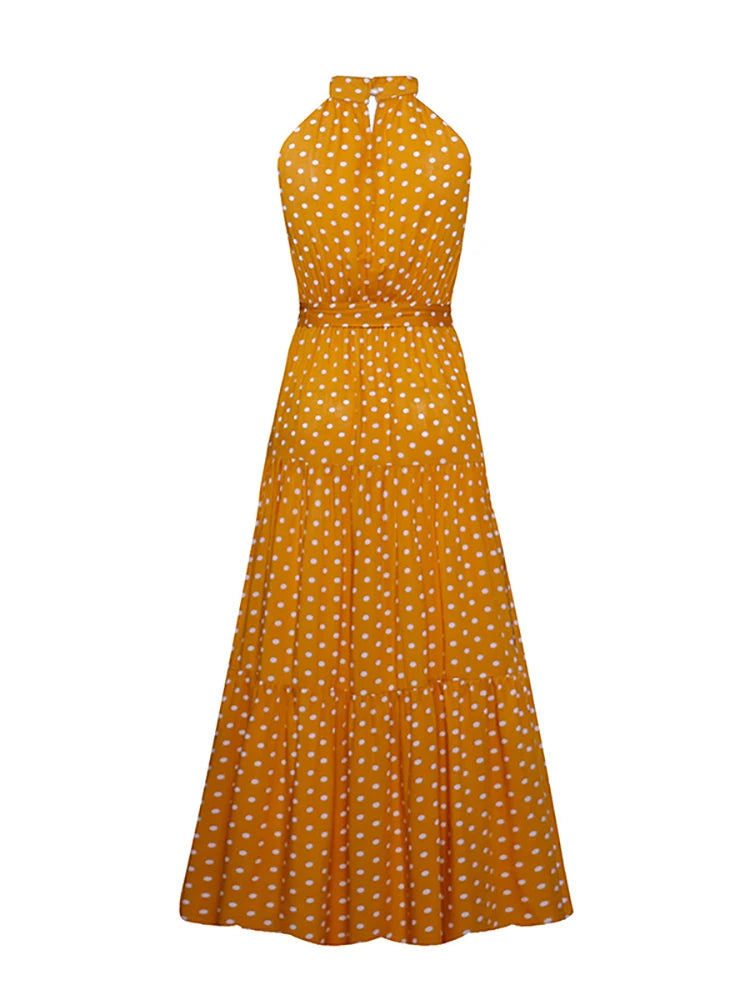 Fitshinling Bohemian Summer Maxi Dress Women Polka Dot Sleeveless Sundress Slim A Line Vintage Long Dresses Holiday Vestidos New