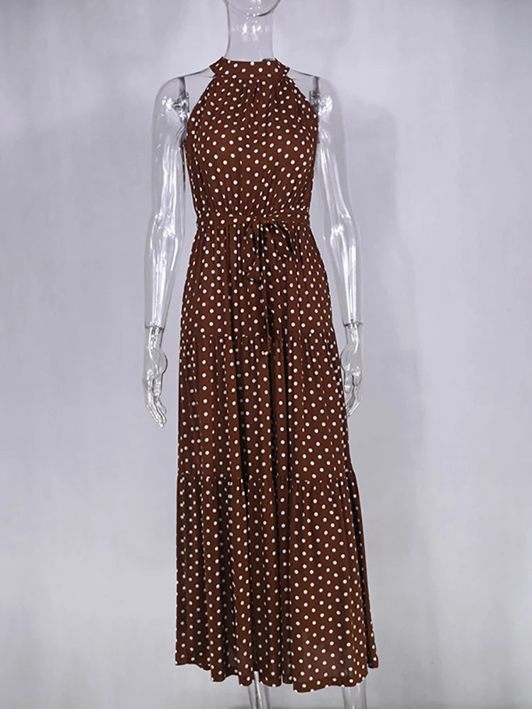 Fitshinling Bohemian Summer Maxi Dress Women Polka Dot Sleeveless Sundress Slim A Line Vintage Long Dresses Holiday Vestidos New