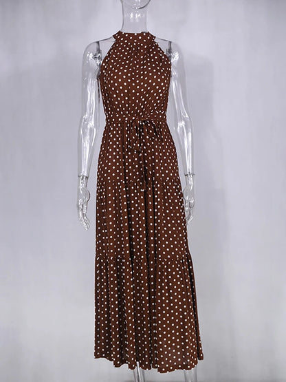 Fitshinling Bohemian Summer Maxi Dress Women Polka Dot Sleeveless Sundress Slim A Line Vintage Long Dresses Holiday Vestidos New