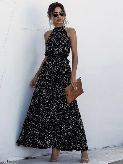 Fitshinling Bohemian Summer Maxi Dress Women Polka Dot Sleeveless Sundress Slim A Line Vintage Long Dresses Holiday Vestidos New