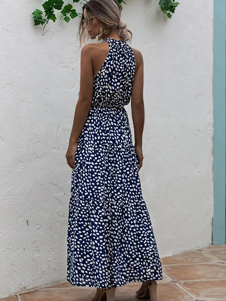 Fitshinling Bohemian Summer Maxi Dress Women Polka Dot Sleeveless Sundress Slim A Line Vintage Long Dresses Holiday Vestidos New